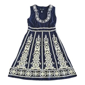 INC International Concepts Dark Blue/Yellow Floral Embroidered & Beaded Dress Xs